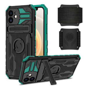 High Elastic Plastic iPhone 12 Case with Kickstand, Sports Mobile Wristband and Card Slot In Green