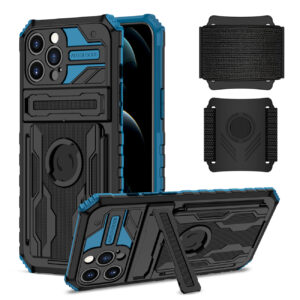 High Elastic Plastic iPhone 12 Max Case with Kickstand, Sports Mobile Wristband and Card Slot In Blue