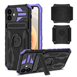 High Elastic Plastic iPhone 12 Case with Kickstand, Sports Mobile Wristband and Card Slot In Purple