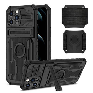 High Elastic Plastic iPhone 12 Pro Case with Kickstand, Sports Mobile Wristband and Card Slot In Black