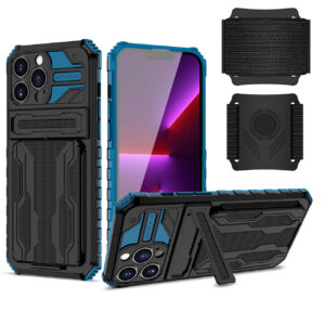 High Elastic Plastic iPhone 13 Max Case with Kickstand, Sports Mobile Wristband and Card Slot In Blue