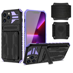 High Elastic Plastic iPhone 13 Pro Case with Kickstand, Sports Mobile Wristband and Card Slot In Purple