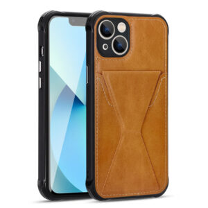 TPU Leather Phone Case for Apple iPhone 13 with Card Holder Strap In Brown