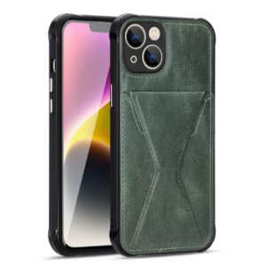 TPU Leather Phone Case for Apple iPhone 14 with Card Holder Strap In Green