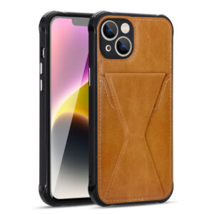 TPU Leather Phone Case for Apple iPhone 14 Plus with Card Holder Strap In Brown