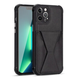TPU Leather Phone Case for Apple iPhone 14 PRO with Card Holder Strap In Black