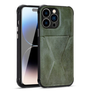 TPU Leather Phone Case for Apple iPhone 14 PRO with Card Holder Strap In Green