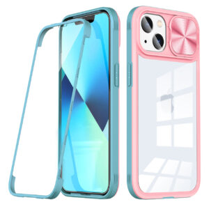 Full Protection With Mobile Phone Protective Film Slide Camera Lens Phone Case For iPhone 14 Plus In Pink