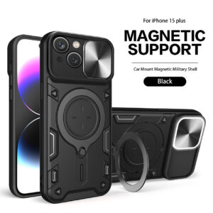 TPU PC Shockproof Magnetic Phone Case with Free Adjustment Ring Holder for IPHONE 15 Plus in Black