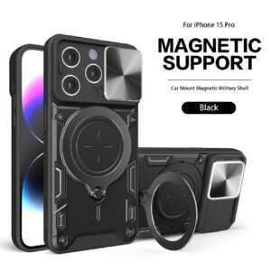 TPU PC Shockproof Magnetic Phone Case with Free Adjustment Ring Holder for IPHONE 15 PRO in Black