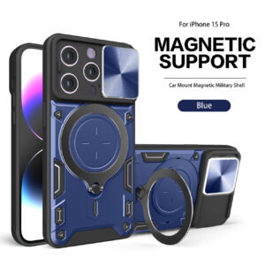 TPU PC Shockproof Magnetic Phone Case with Free Adjustment Ring Holder for IPHONE 15 PRO in Blue