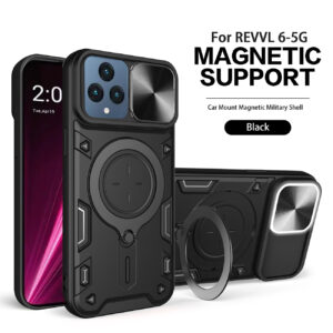 TPU PC Shockproof Magnetic Phone Case with Free Adjustment Ring Holder for REVVL 6 5G in Black