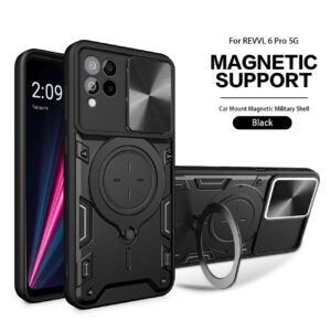 TPU PC Shockproof Magnetic Phone Case with Free Adjustment Ring Holder for REVVL 6 PRO 5G in Black